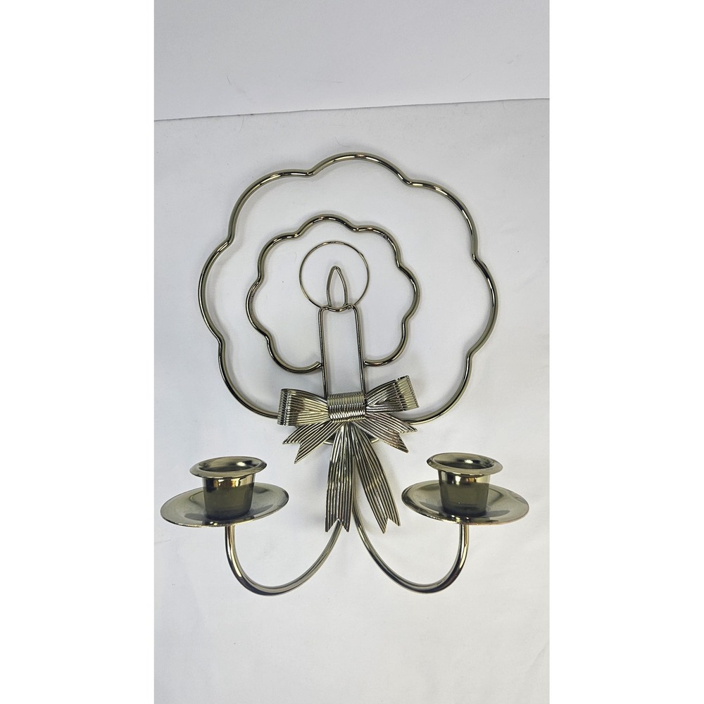 VTG Home Interiors Brass Wreath & Candle Wall Sconce With Bow Gold Brass‎ Tone